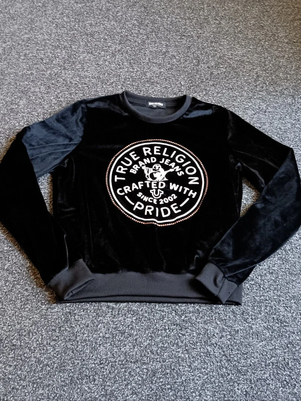 True Religion Black Velvet Logo Crewneck Sweater Womens Size Small